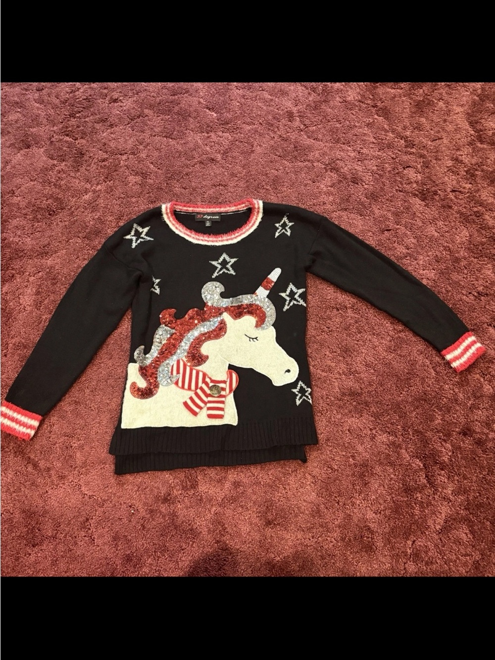 32 Degrees Black Sweater with White Unicorn and Red Accents